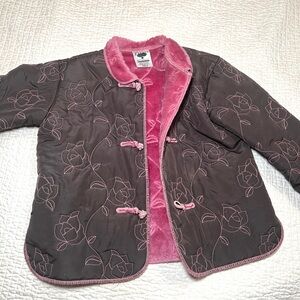 MULBERRY BUSH little girls coat Brown w pink accents, frog button enclosure S 6.